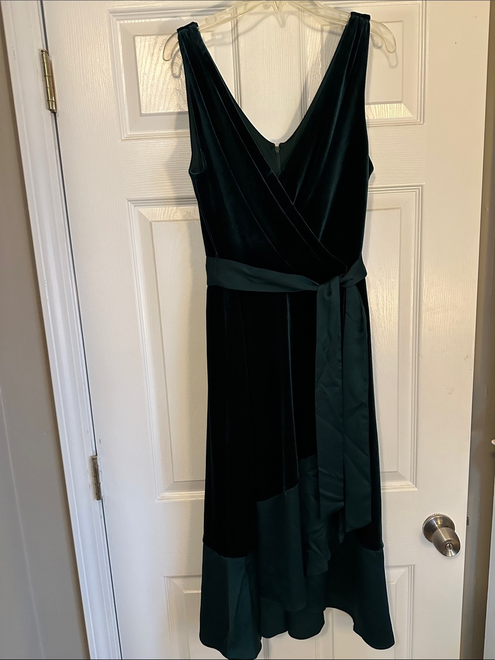 DKNY Dark Green Velvet Wrap Midi Dress with Sash
